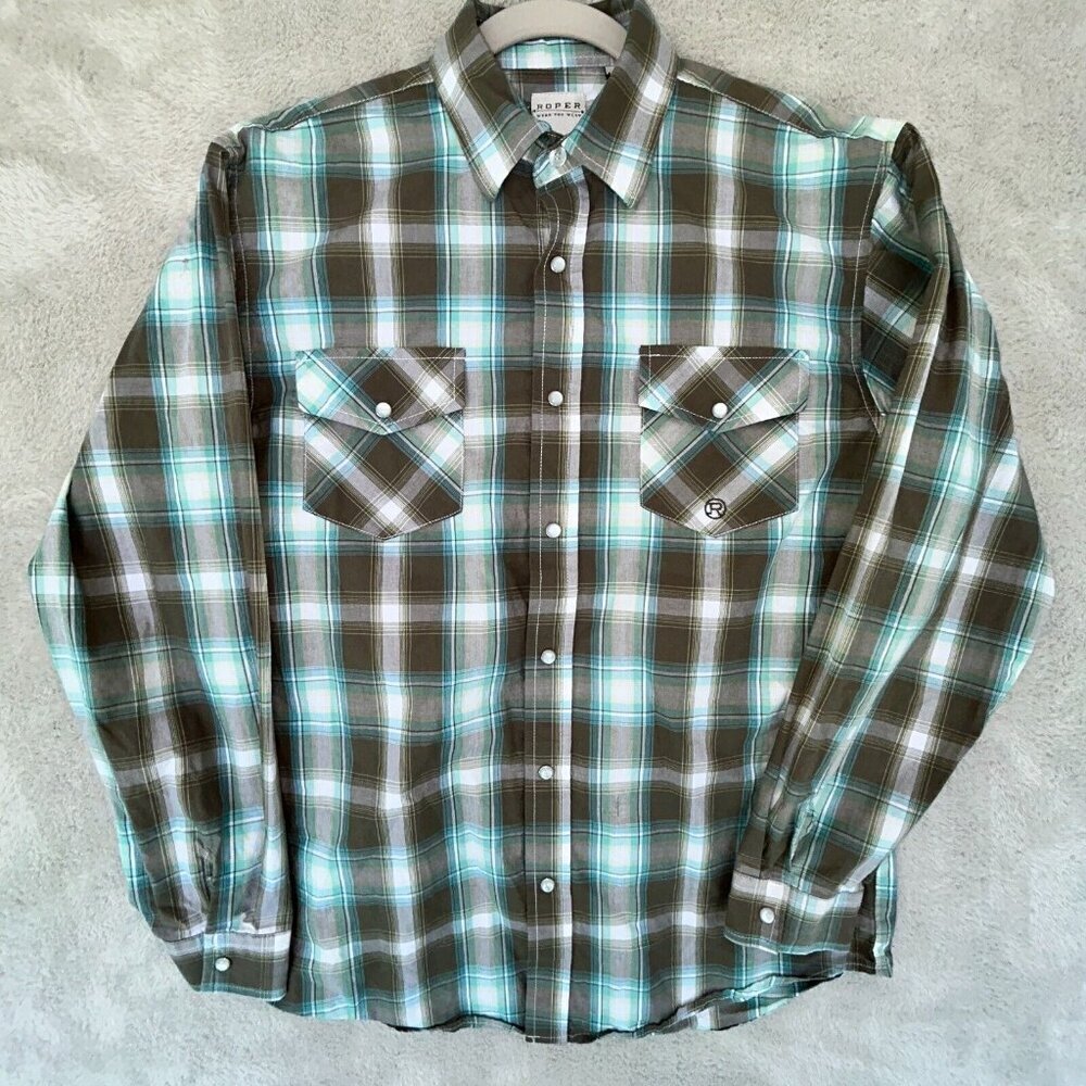 Roper Shirt Gray Teal Plaid Pearl Snap Long Sleeve Mens/Boys XL Chest 36"